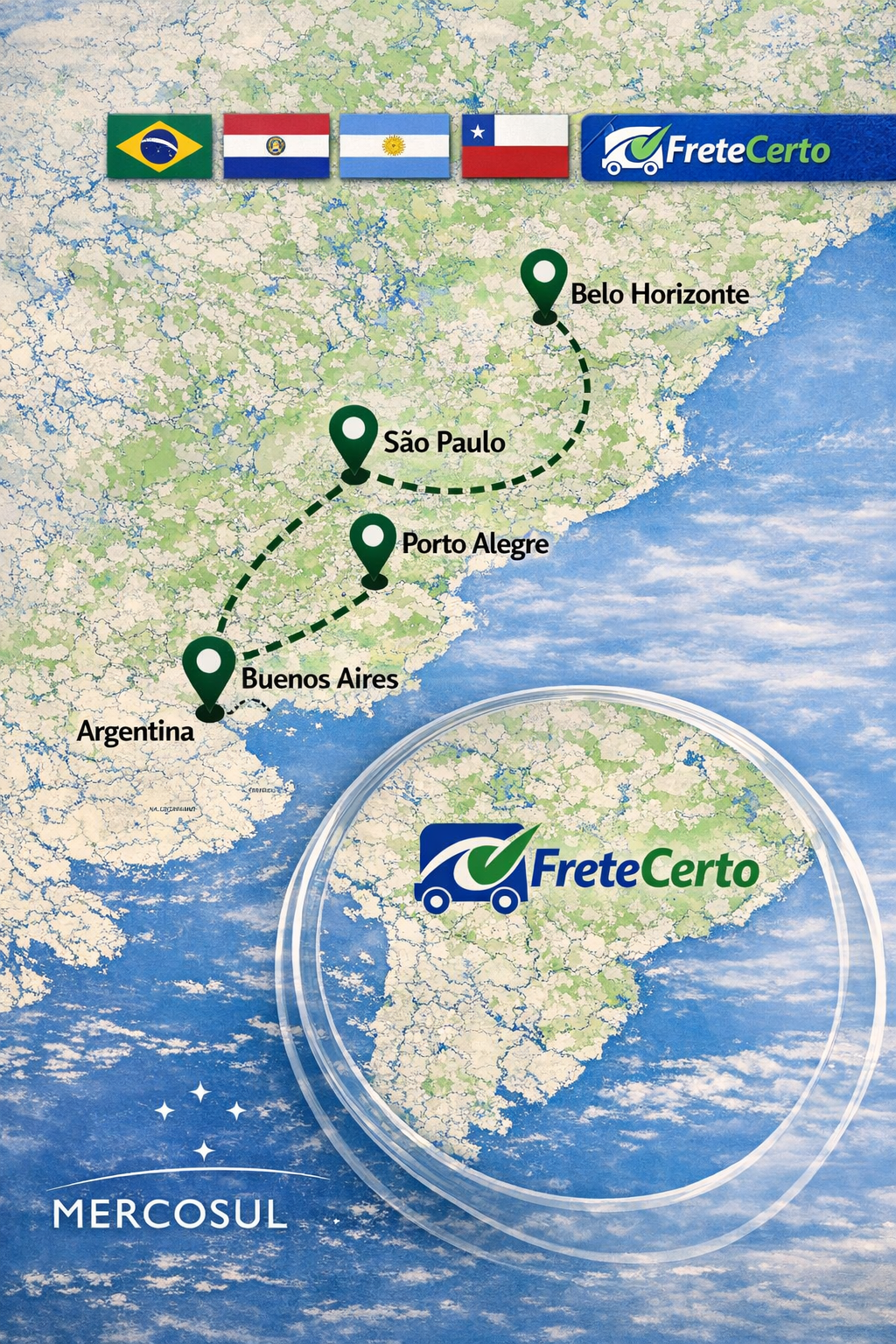 Mapa Mercosul com rota para Buenos Aires