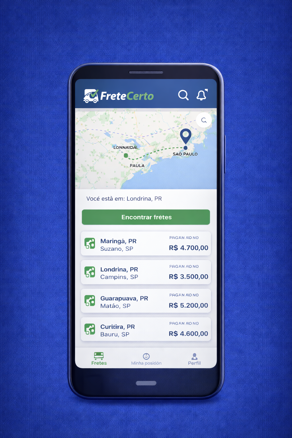 Tela do aplicativo FreteCerto